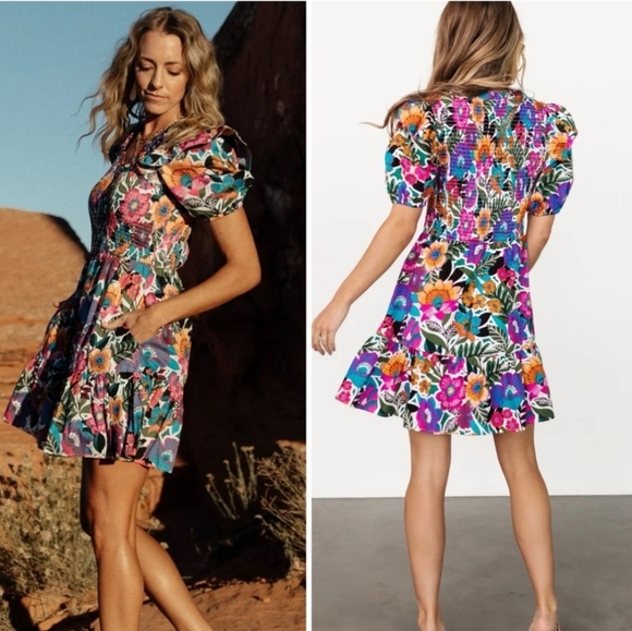 Baltic Born Kyrie Puff Sleeve Floral Print Dress Ruffle Shoulder Vibrant Boho XL - Picture 4 of 15
